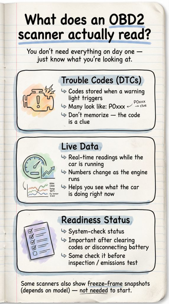 what an OBD2 scanner reads—trouble codes, live data, and readiness status explained in simple notes